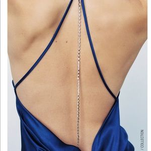 Royal blue satin dress with jewel chain